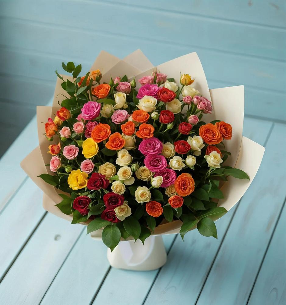 Букет Микс из разноцветных кустовых роз в Зеленоградске