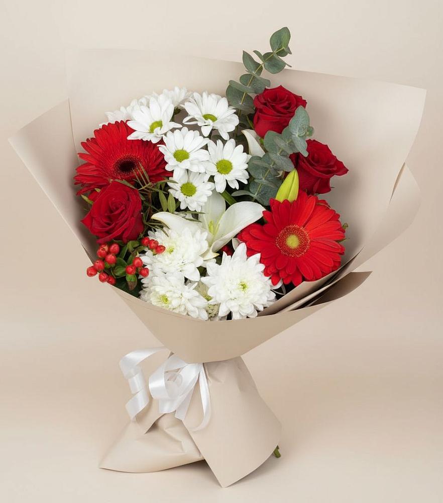 Букет цветов из: Розы, Хризантемы, Герберы и Лилии в Зеленоградске