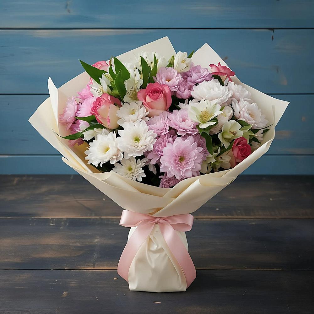 Букет цветов из: Хризантемы, Альстромерии и Розы в Зеленоградске